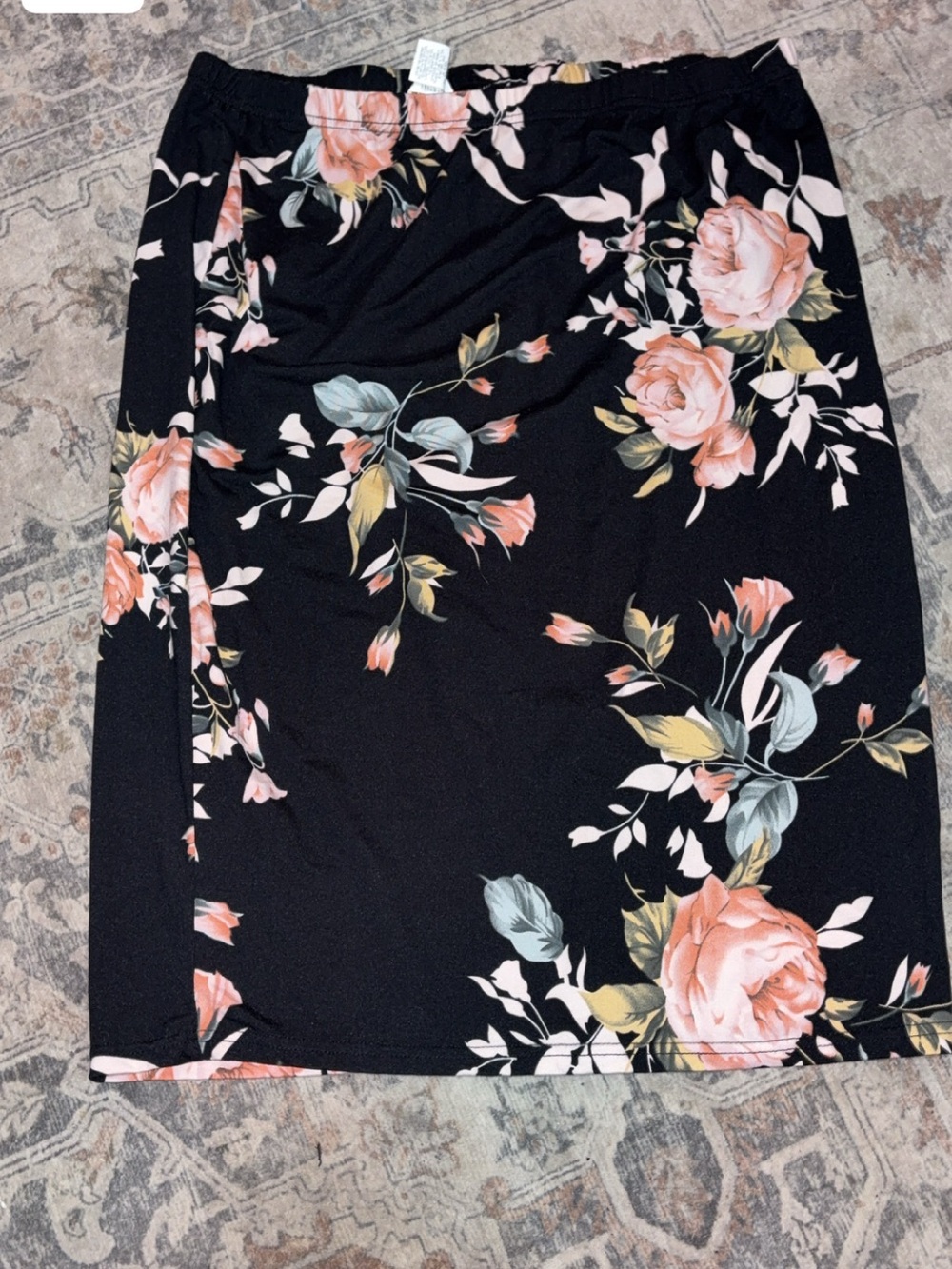 Black Floral Pencil Skirt - Pink Rose Print